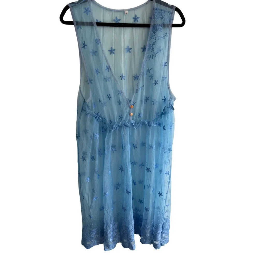 Blue Embroidered Mesh Sheer V-Neck Empire Waist Dress XXL‎ Boho Mermaid Fairy